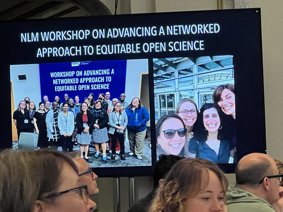 Group picture with Julia in the picture while the keynote speaker mention openscapes work.