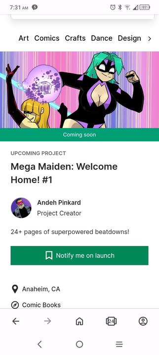 Screenshot of the Kickstarter prelaunch page for my comic Mega Maiden: Welcome Home! Issue 1