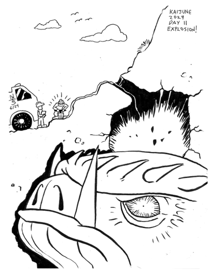 cartoony drawing showing a mining crew dynamiting inside a mountain, waking up an angry giant monster