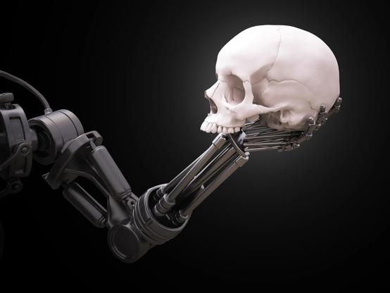 graphic - robot arm holding Yorick's skull