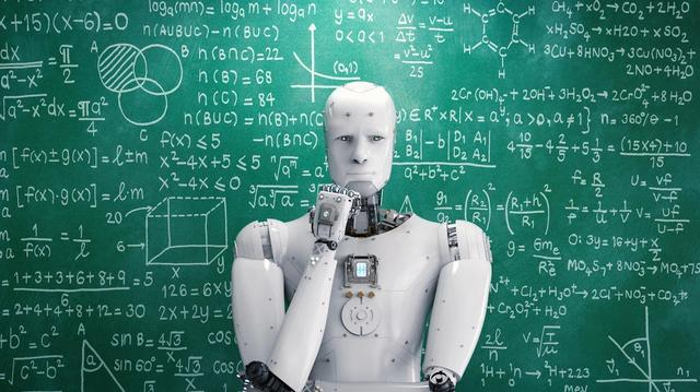graphic - robot contemplating in front of university blackboard full of mathematical equations