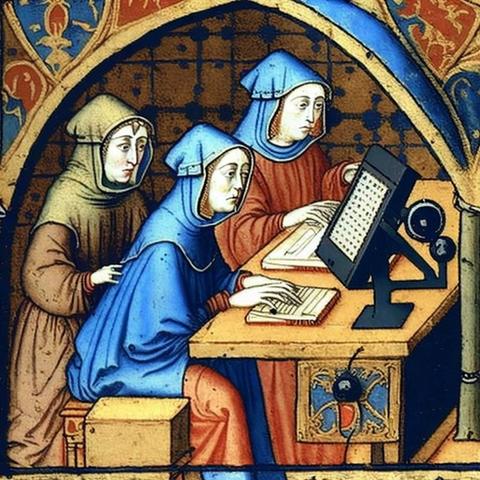 graphic - mediaeval minks using a computer to help write manuscripts