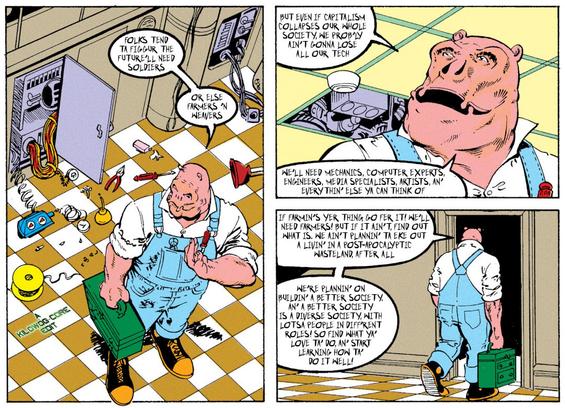 Three comic panels. feauring Kilowog as a mechanic.. Kilowog says, "Folks tend ta' figgur the future'll need soldiers, or else farmers 'n weavers. But even if capitalism collapses our whole society, we prob'ly ain't gonna lose all our tech. We'll need mechanics, computer experts, engineers, media specialists, artists, an' everythin' else ya can think of. If farmin's yer thing, go fer it! We'll need farmers! But if it ain't, find out what is. We ain't plannin' ta' eke out a livin' in a post-apocalyptic wasteland after all. We're plannin' on buildin' a better society an' a better society is a diverse society, with lotsa people in different roles! So find what ya' love ta' do, an' start learning how ta' do it well!" A caption reads, "A Kilowog-core Edit"