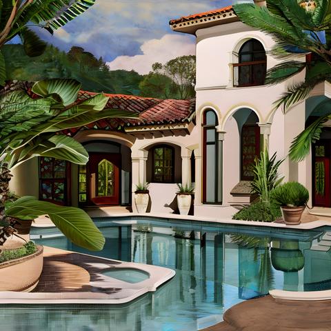 A mediterranean-style villa on a hot sunny day, reflected by a turquoise pool, with luxuriantly abundant plants. Cool interiors can be glimpsed through arched windows and doorways.