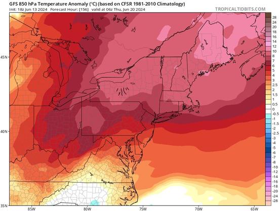 Weather map showing temperature anomalies in degrees Celsius for the northeastern United States for 2 AM on June 20, 2024. Red to pink colors indicate higher temperature anomalies throughout the northeast. Source: TropicalTidbits.com