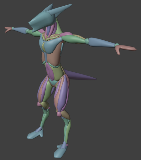 A screenshot from a 3D modeling software of a colorful menagerie of different shapes that come together to form a Sergal; a fictitious bipedal species. The different colored shapes are each a major body part or a major muscle of the character. This view is a 2/3 view of the character facing towards the camera.