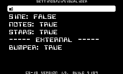settings for a synthesizer app for the monochrome playdate console. displayed is a list of visualizers and their enabled status. internal visualizers include sine, notes, and stars, after this however is a section labeled "external", and a visualizer called "bumper" is available here.