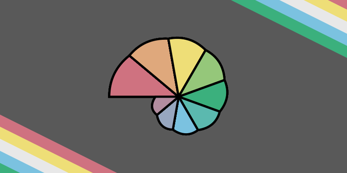In the centre is an rainbow-coloured nautilus, with a single point in the middle where all the lines meet rather. The nautilus has a spiral like shape but with scalloped bumps for each segment of the shell. Each shell segment has a different colour. The nautilus is on a dark grey background, with diagonal stripes on two opposite corners, evoking the disability pride flag. The stripes are the same stripes of the disability pride flag: green, blue, white, yellow, red.