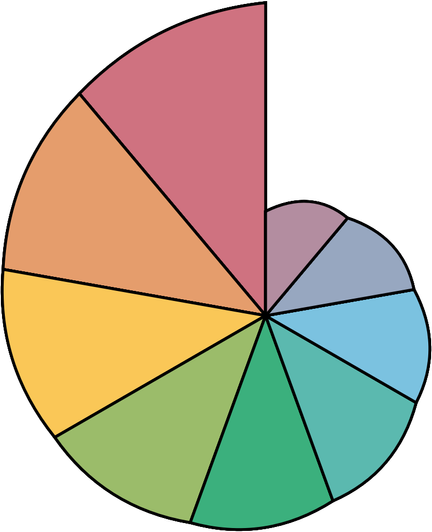 A rainbow-coloured nautilus, with a single point in the middle where all the lines meet rather. The nautilus has a spiral like shape but with scalloped bumps for each segment of the shell. Each shell segment has a different colour. The largest segment is vertical in this version.