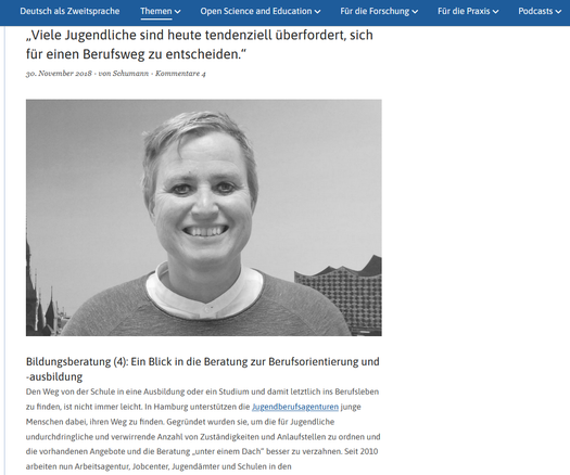 Ausschnitt des oben verlinkten Beitrags zur Berufsorientierung Jugendlicher im bildungsserverBlog mit Foto der Interviewten.