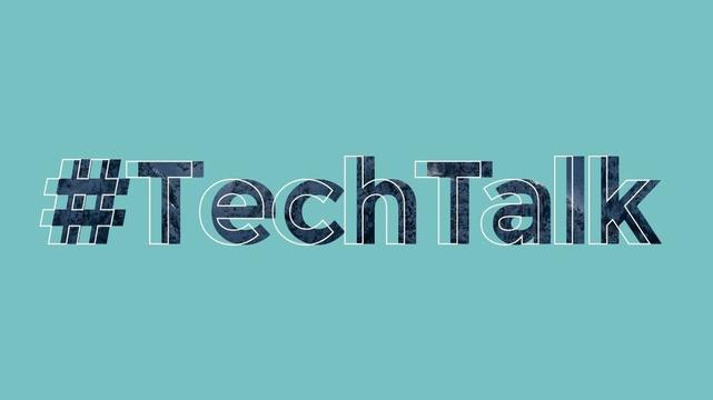 Decorative graphic - light blue background with Tech Talk hashtag text in bold textured dark grey with offset white outline