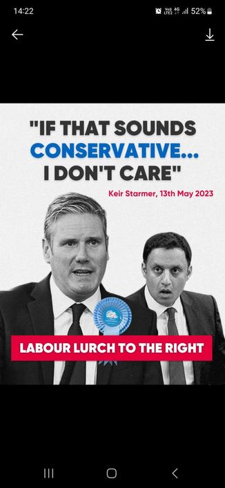 Starmer and branch office manager sarwar with a quote from starmer saying that if that sounds tory, he doesn't care.
