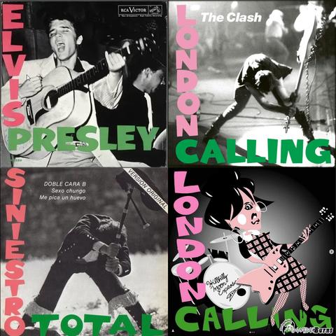 Pink & green letters on B&W picture. Same concepts, different artists: Elvis Presley, The Clash, Siniestro Total and Hillbilly Moon Explosion.