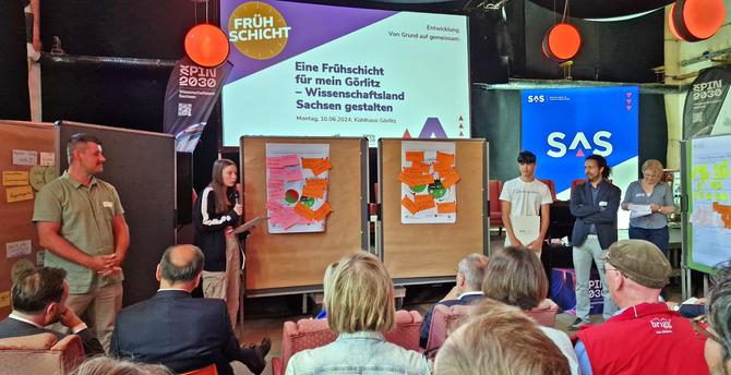 Blick in einen großen Saal. Vorne im Bild Publikum, welches der Präsentation einiger junger Leute zusieht. Im Hintegrund verschiedene Banner, u.a. von SPIN2030 und eine Beamerleinwand auf der "Eine Frühschicht für mein Görlitz - Wissenschaftsland Sachsen gestalten" eingeblendet ist.