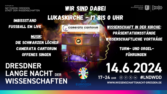 Eine Kachel im Design der Langen Nacht der Wissenschaften Dresden, darauf Hinweise zu den Veranstaltungen die in der Kirche Stattfinden, genaueres dazu findet ihr im Link im Post. In der Mitte ein Bild der Pfarrerband im Altarraum.