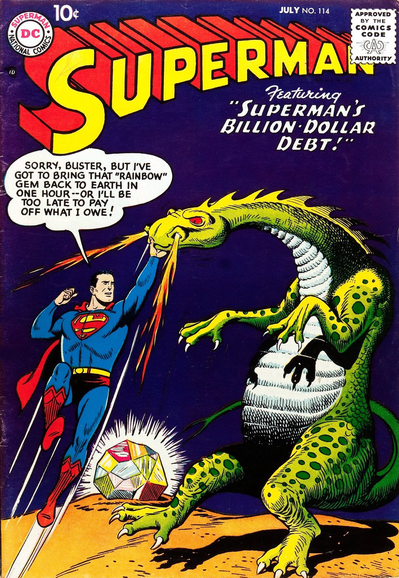 Superman battles a fire breathing dragon for a rainbow colored gem. He says he needs to pay back $1 billion debt or he will be owned.