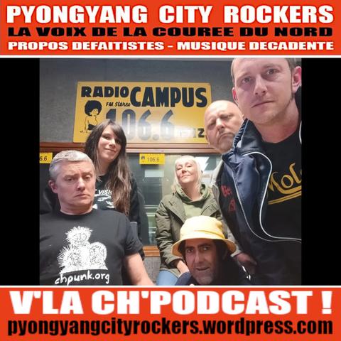 Flyer de présentation du podcast de Pyongyang City Rockers #342 : une photo avec 6 loustics à cheveux ou rasés, grimaciers ou souriants.