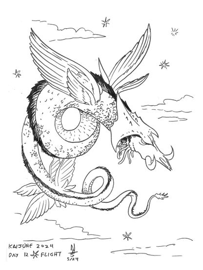 Ink drawing of a flying serpent, more or less in the style of monsters on old-timey sea charts. Two sets of four wings, skull-like face with tusks and bony crest, long coiling body, fish-like fin down the spine