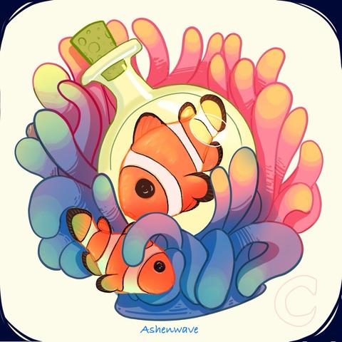A digital illustration of a colorful sea anemone with two clown fishes, one bigger than the other. The big one is inside a tiny round glass bottle, being cradled by the anemone.