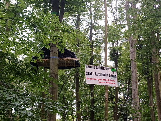 Eine der drei besetzten Plattformen, die als Baumhäuser gebaut wurden. Mit Banner: "Bäume schützen statt Autobahnen bauen. Gremberger Wäldchen muss bleiben!"

 #GrembiBleibt