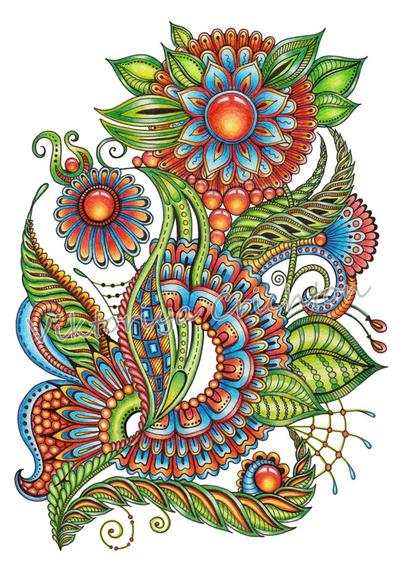 Magic zenart flowers (zendoodle)_16. Abstract drawing in zenart style for home interior.
