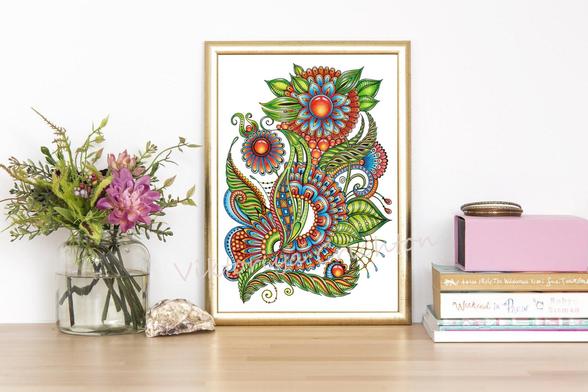 Magic zenart flowers (zendoodle)_16. Abstract drawing in zenart style for home interior.