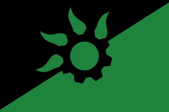 One proposal for a flag of the solarpunk movement.  Half black and half green similar to green anarchism with a middle design of half sun and half machine gear