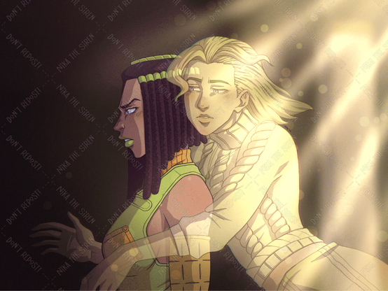 Illustration of Ermes and Gloria Costello from Jojo's Bizarre Adventure part 6: Stone Ocean. It's a redraw of a scene from the anime, where Ermes is hugged by the spirit from her sister Gloria.