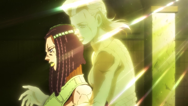 Screenshot from the anime of Jojo's Bizarre Adventure part 6: Stone Ocean. It depicts the same scene I've redrawn.