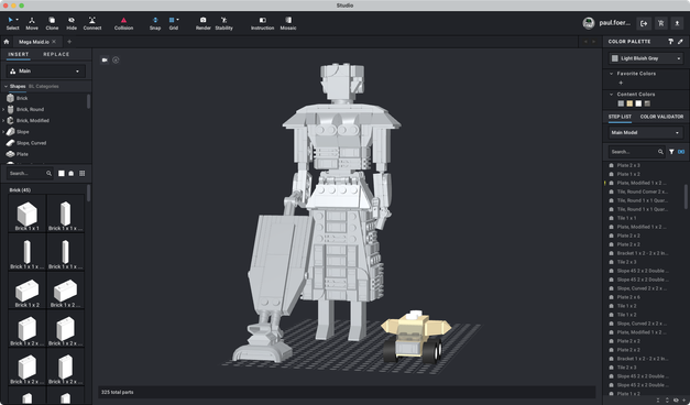 A screenshot of the Mega Maid in LEGO Studio on a Mac, being almost finished except her crown.