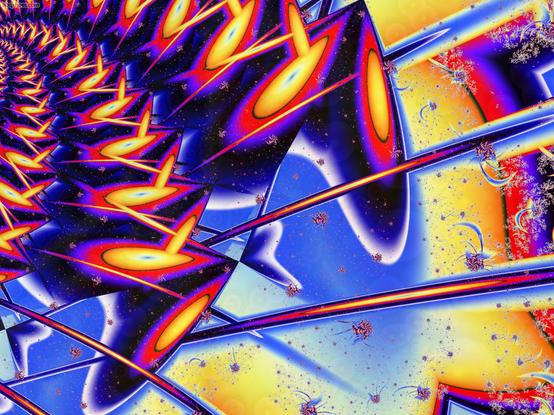 spiraling shape Yellow Red Fractal ovals on a blue red yellow back