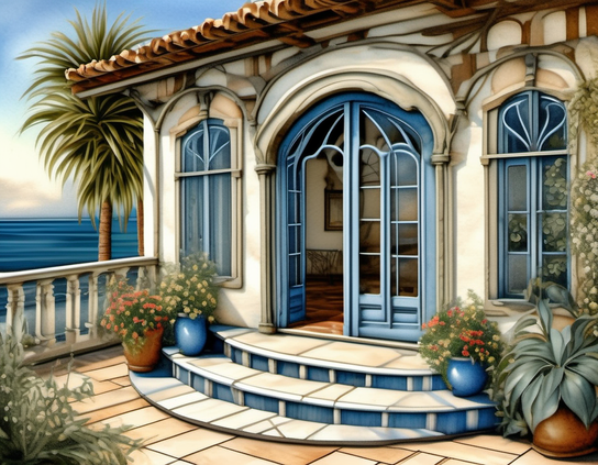 An inviting villa with blue accents, tiled steps, and an open door showing an elegant interior, overlooking the ocean. AI impressionism style.