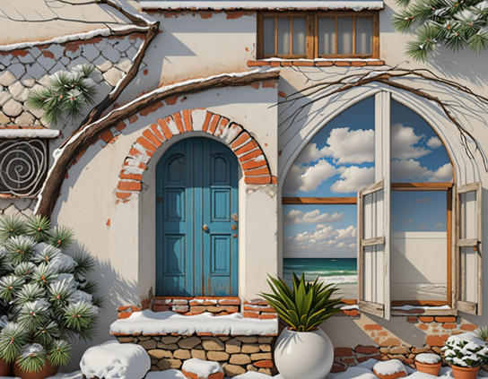 An eclectic house with a blue door, brickwork, potted plants,  and an arch framing an area constructed of a beach view with a blue sky. Snow frosts objects ob the ground and exterior pines.