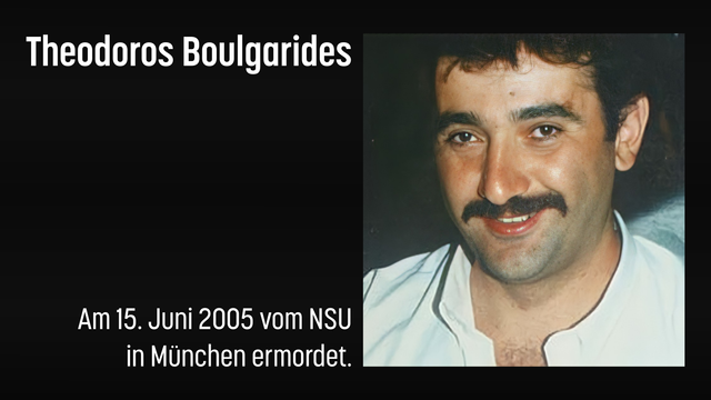 Sharepic: Ein Bild von Theodoros Boulgarides auf schwarzem Hintergrund. Weiße Schrift: Theodoros Boulgarides. Am 15. Juni 2005 vom NSU in München ermordet.