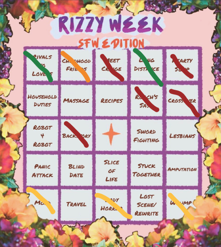 Rizzy week SFW card showing the top row all filled out plus 5 other squares filled out