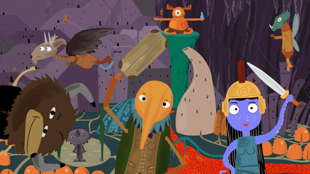 Cave hikers in the big city with goat tricorn dragon and fairy dragon flying behind them