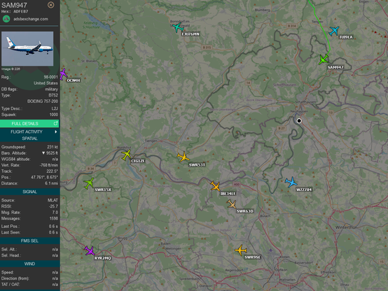 Screenshot showing SAM947 probably Airforce two flying in the coverage of my adsb-receiver