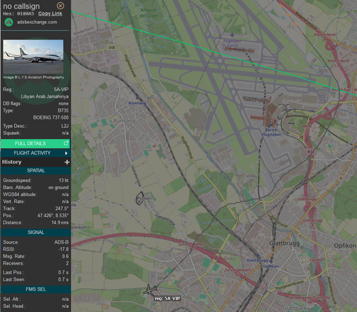 Kartenausschnitt ADSBexchange mit 5A-VIP