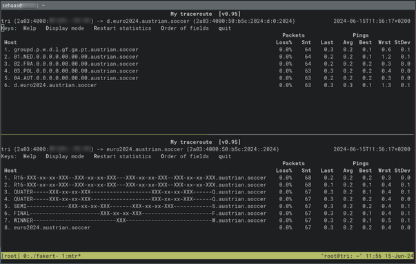Screenshot of a terminal with two tmux panels. Both panels show the output of mtr. The IPv6 addresses of the network hops resolve to crafted domain names.
The names in the upper panel represent the Euro 2024 Group D standings. The names in the lower panel represent the (still empty) playoff results.
