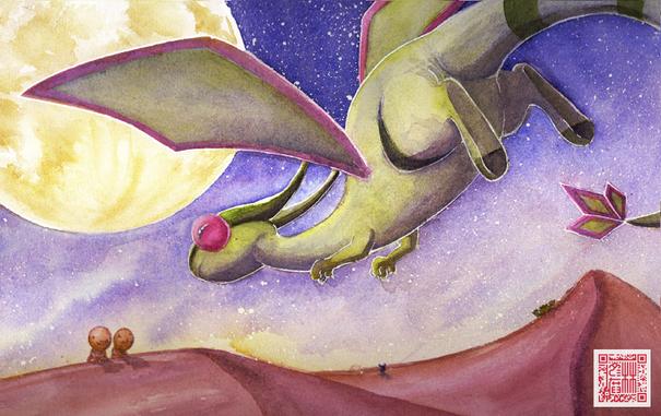 Watercolour painting of Flygon, a dragon Pokémon with bug-like red eyes. It is flying away from the camera during the night, with a large moon in the top left of the painting. In the bottom left are a pair of waiting Trapinch - the first evolution of Flygon. They look up at the Flygon anticipating its approach.