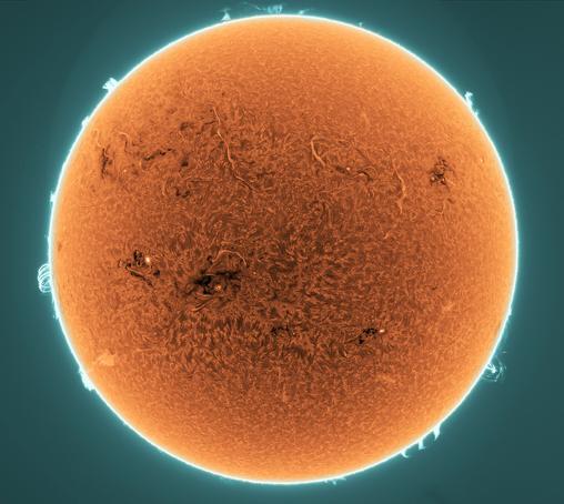 Portrait of the Sun showing prominences on its edge.