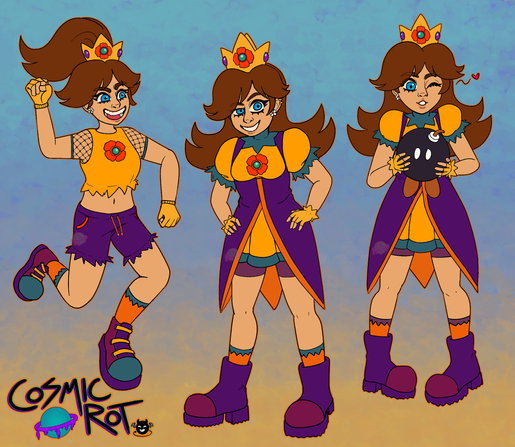 Three drawings of "wadaisy" which is a wario/waluigi counterpart for Princess Daisy from the super mario franchise. The left most pose is wearing a sport outfit with a crop top and hair pulled through her crown. The other two are wearing a vest jacket and short dress with hair down. Right most is holding a bomb-omb. The dress outfits have ripped trim on the sleeves, and the sport outfit has frayed edges on the bottom of the crop top and shorts.