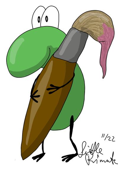 Digital drawing of a green frog, holding a big painting brush
