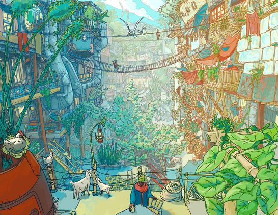 courtyard between two buildings in city with lush vegetation, bamboo, suspension bridge connects two buildings, animals such as goats, chickens, seagulls as well as people abound.