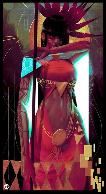 Illustration of Amazonian woman, long straight black hair with bangs up to eyebrows, red pattern tattoos on face & arms, in red dress with gold accents (triangles, circles, strings), showing midriff, light blue cloak, with red fanned feather headdress in contrast with gold circle sun motif behind her head. she holds unadorned thin wooden staff. gold triangles, circles, lines throughout