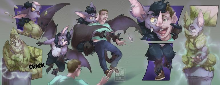 A stone bat like creature breaks free, taking flight to grab and merge with a human male, combining to turn back into a new stone hybrid.