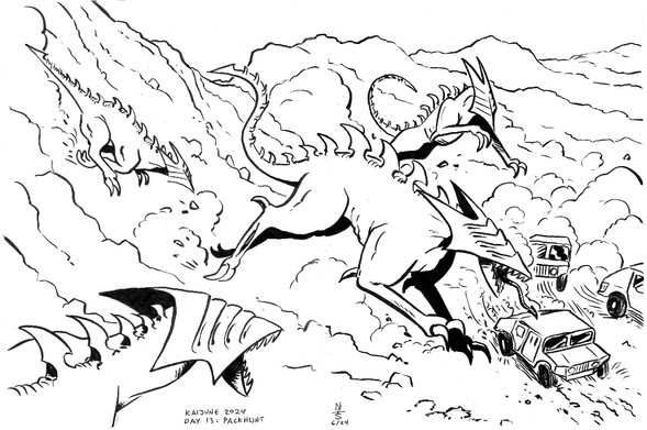 Ink drawing showing 4 giant, dog-like monsters, with arrowhead-shaped heads, chasing 3 humvees in a mountainous desert