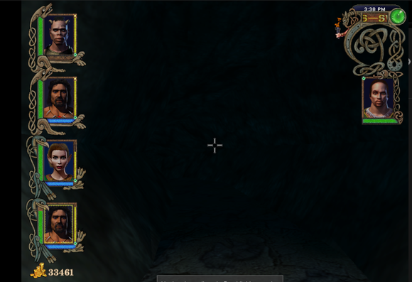 Screenshot from the tunnels between, mostly pitch dark with a little light shining on the walls
