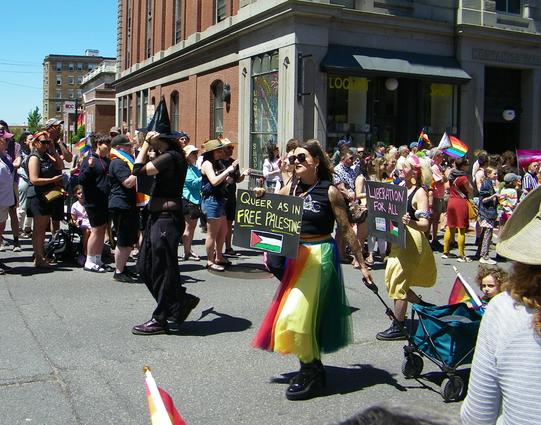 People marching in a Pride parade, while others look on. Some of the people marching are wearing black witches hats, and two people are holding up pro-Palestine signs -- one reads, "Queer as in FREE PALESTINE" with a Palestinian flag, and the other sign reads, "LIBERATION FOR ALL" with a trans flag and a Palestinian flag.
