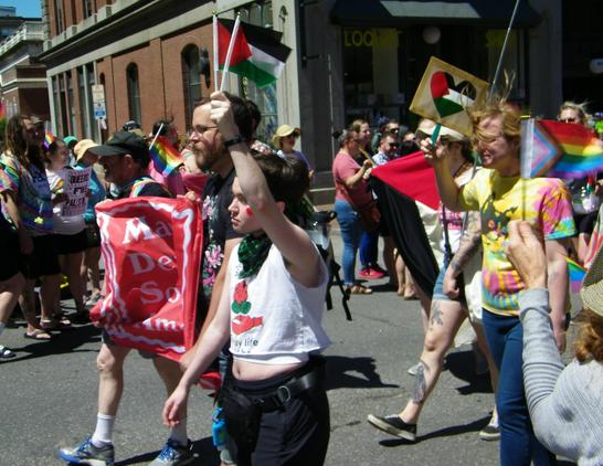 People marching in a Pride parade. Several are holding a red banner with white lettering that reads: Maine Democratic Socialists". Several people are carrying small Palestinian flags.